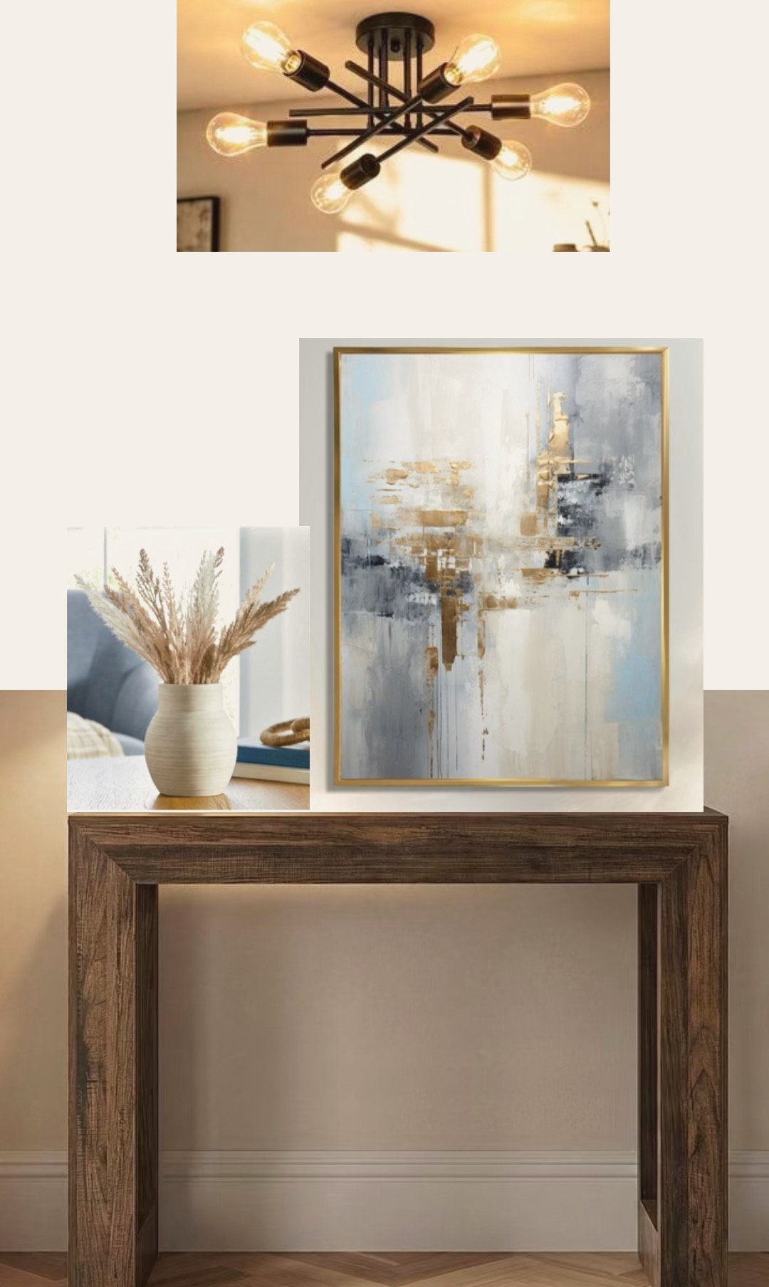 Console vignette concept board with a wood table, abstract art, dried grasses, and a sputnik light