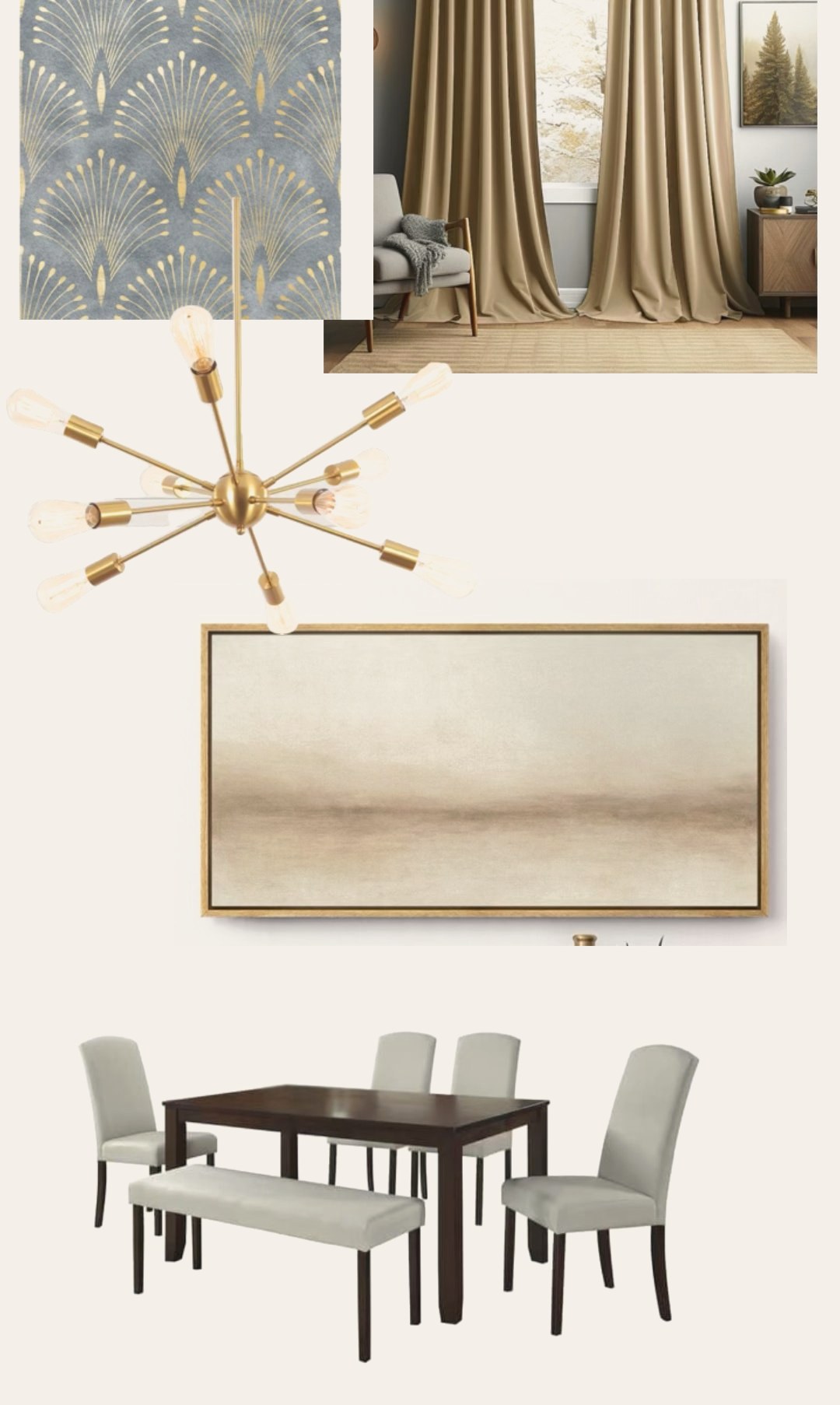 Dining concept board with a gold sputnik chandelier, art deco wallpaper, and champagne drapes