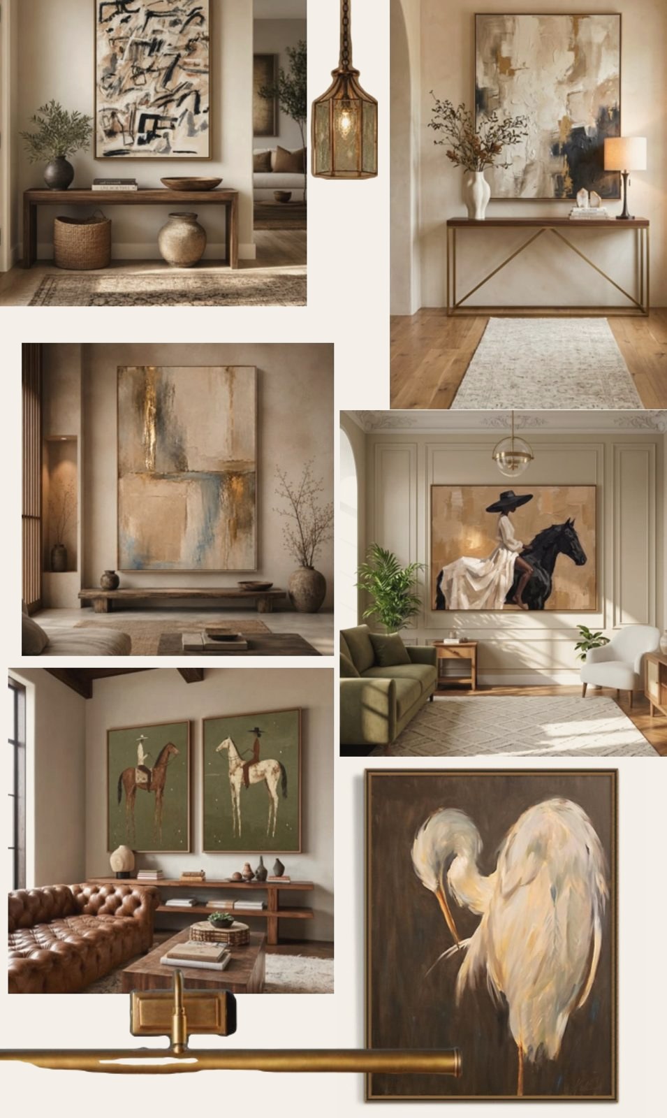 Entry and gallery concept board with consoles, abstract art, horse paintings, and a heron