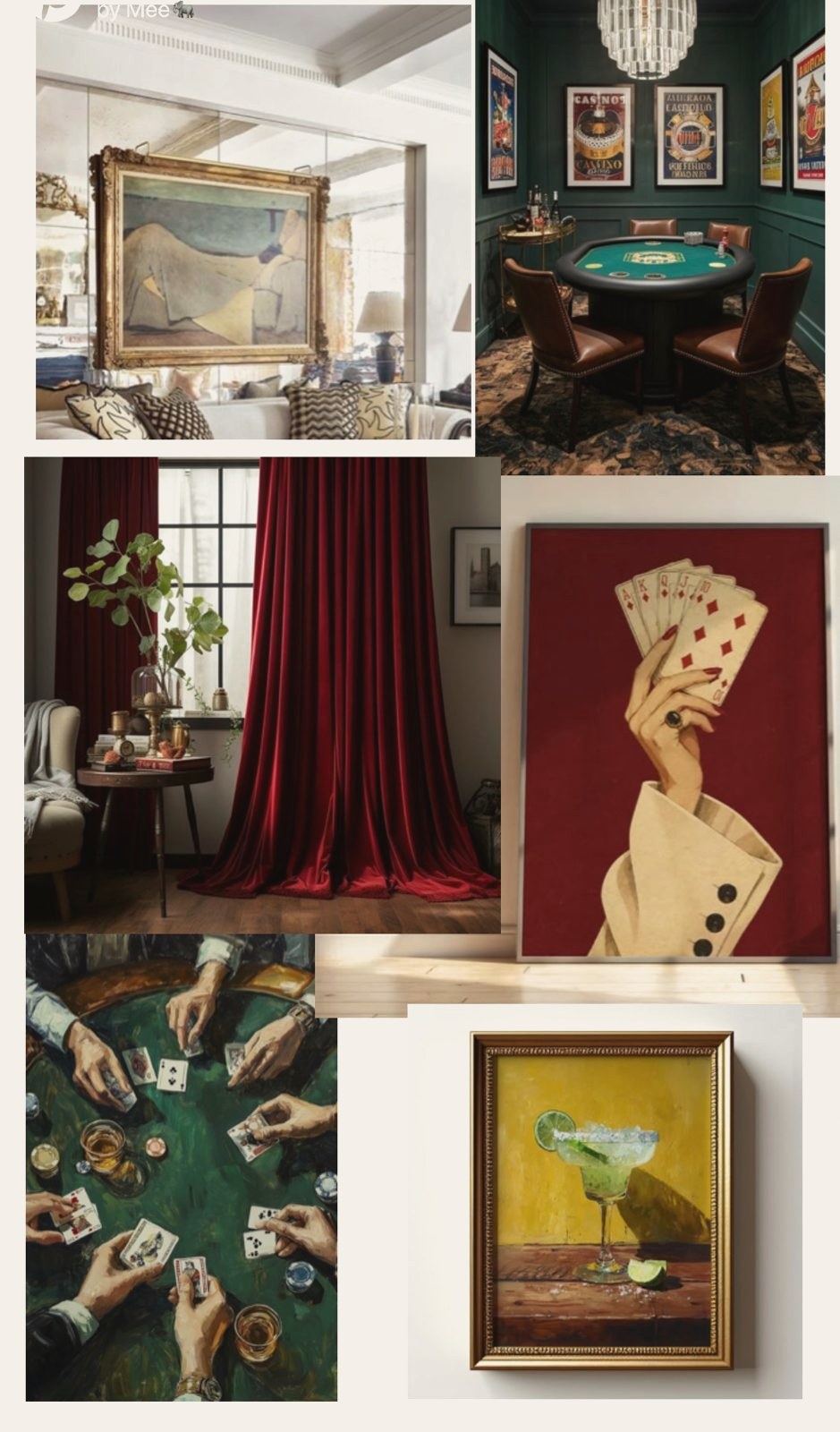 Game room concept board with a poker table, red velvet curtains, and cocktail art