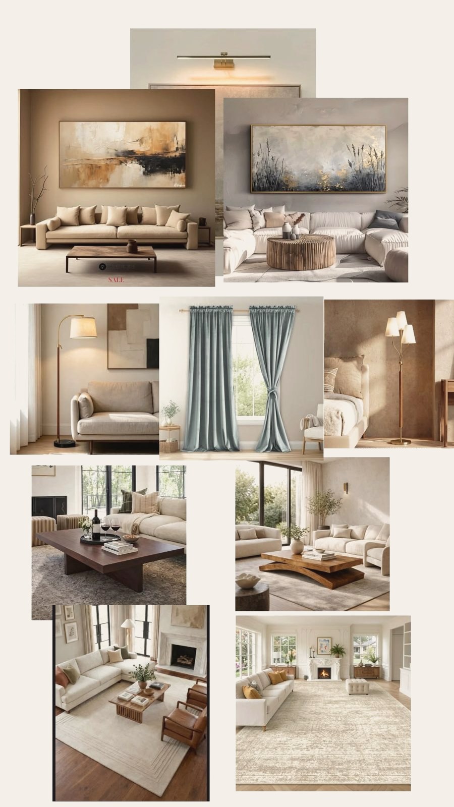 Living room concept board with neutral sofas, abstract art, and pale blue curtains