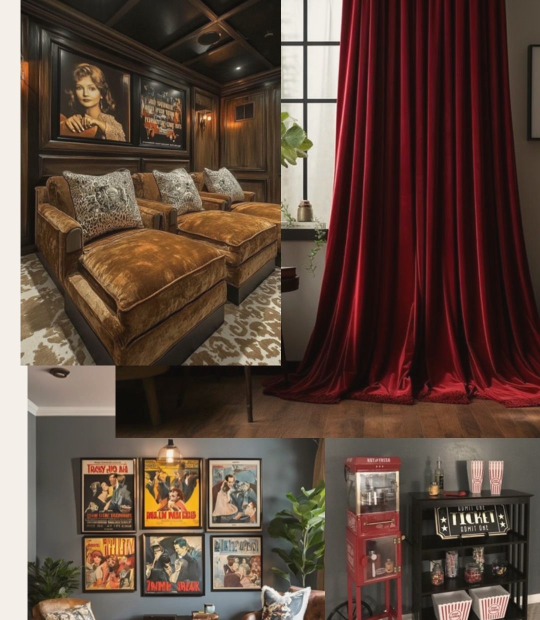 Home theater concept board with velvet loungers, red curtains, vintage posters, and a popcorn station