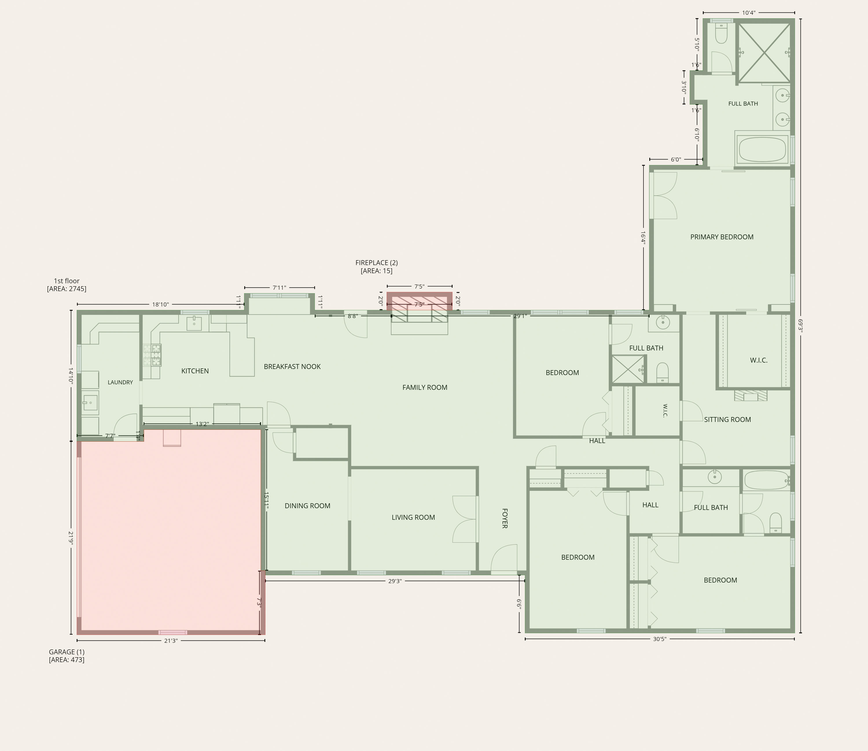 Measured floor plan of the current whole-home project, with living room, dining room, kitchen, family room, and bedrooms