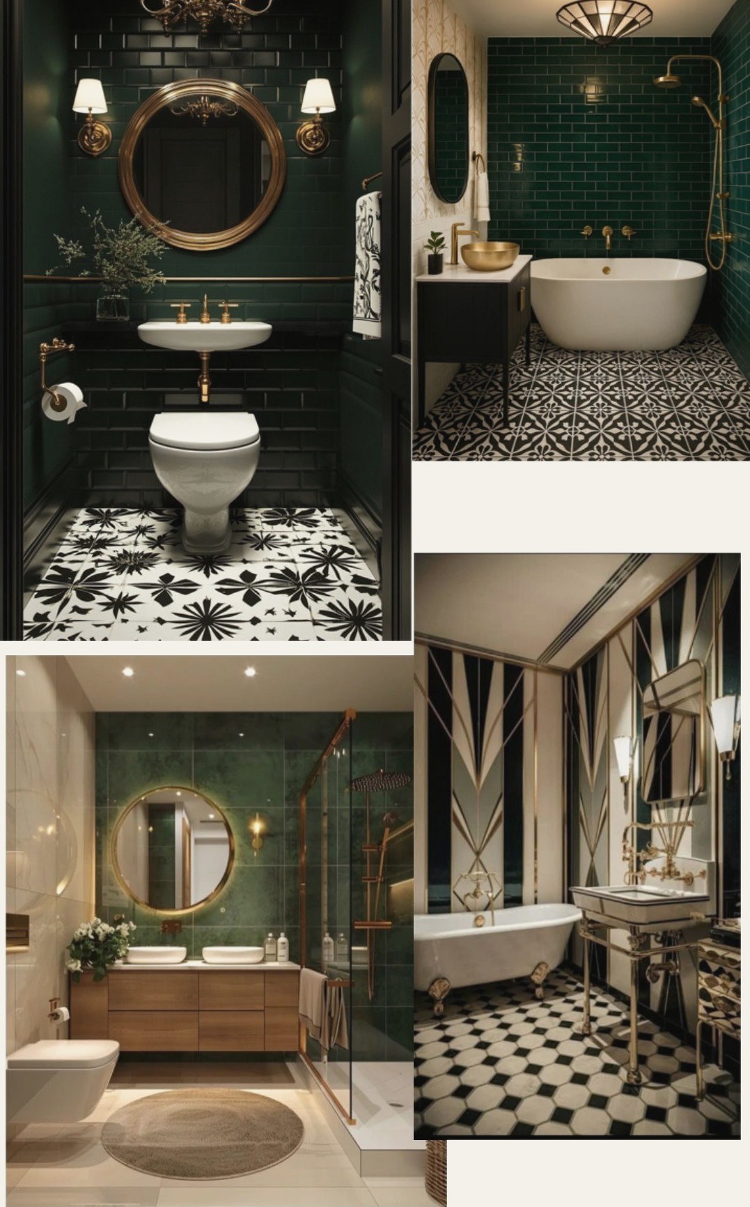 Concept board for a powder bath and primary bath in deep green, with brass fixtures and patterned tile