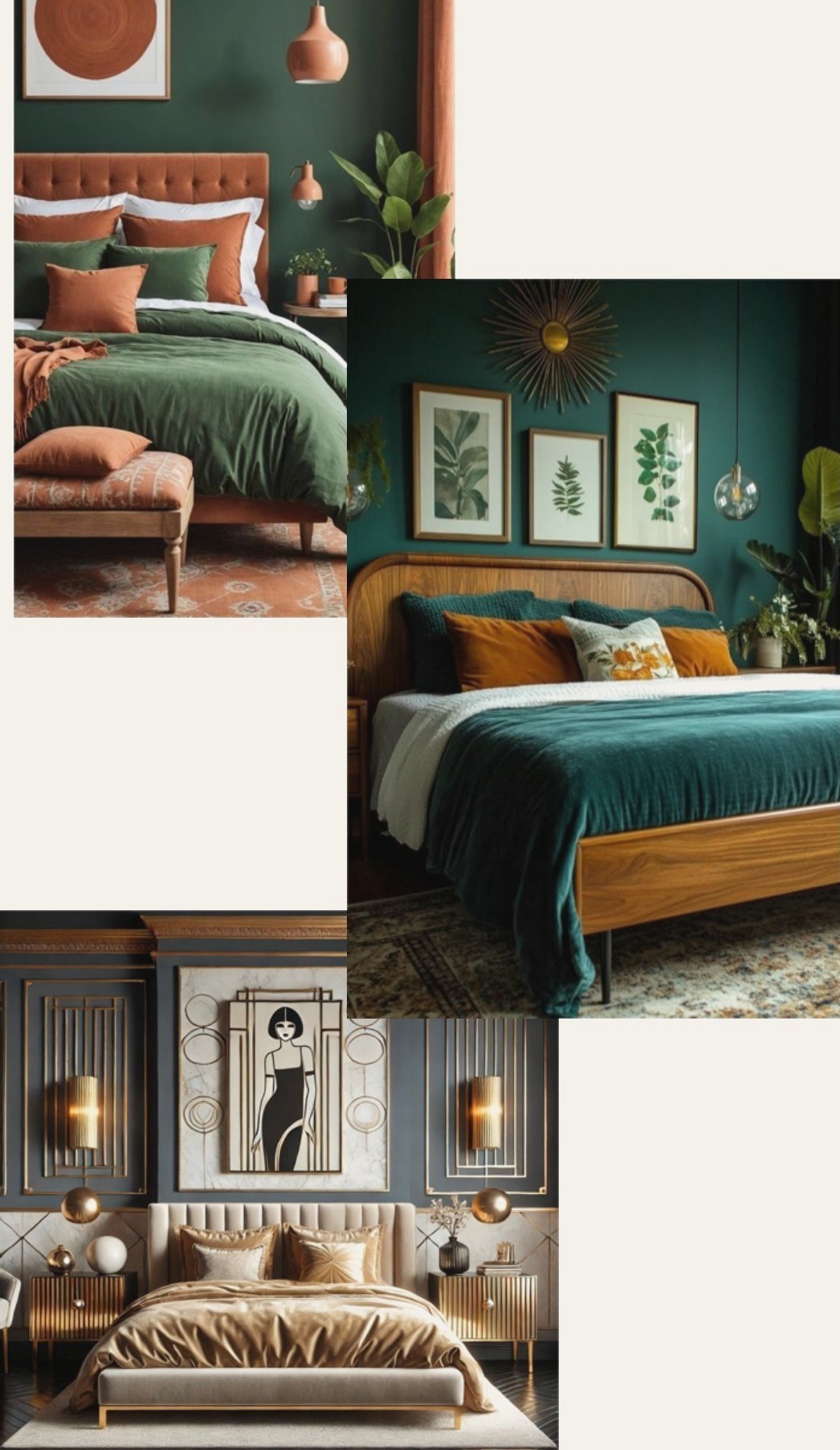Concept board for a moody bedroom with emerald bedding, brass sconces, and statement art