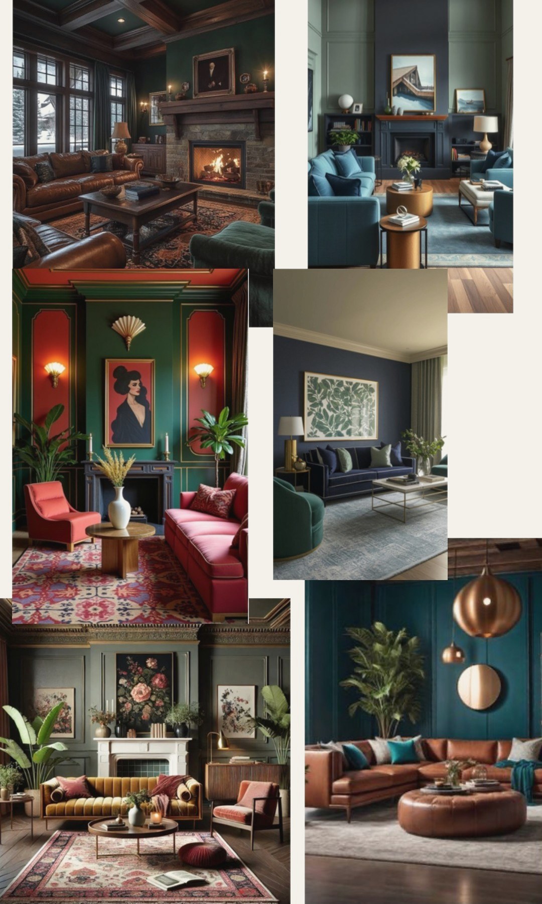 Concept board for a jewel-tone living room with velvet, leather, and warm brass