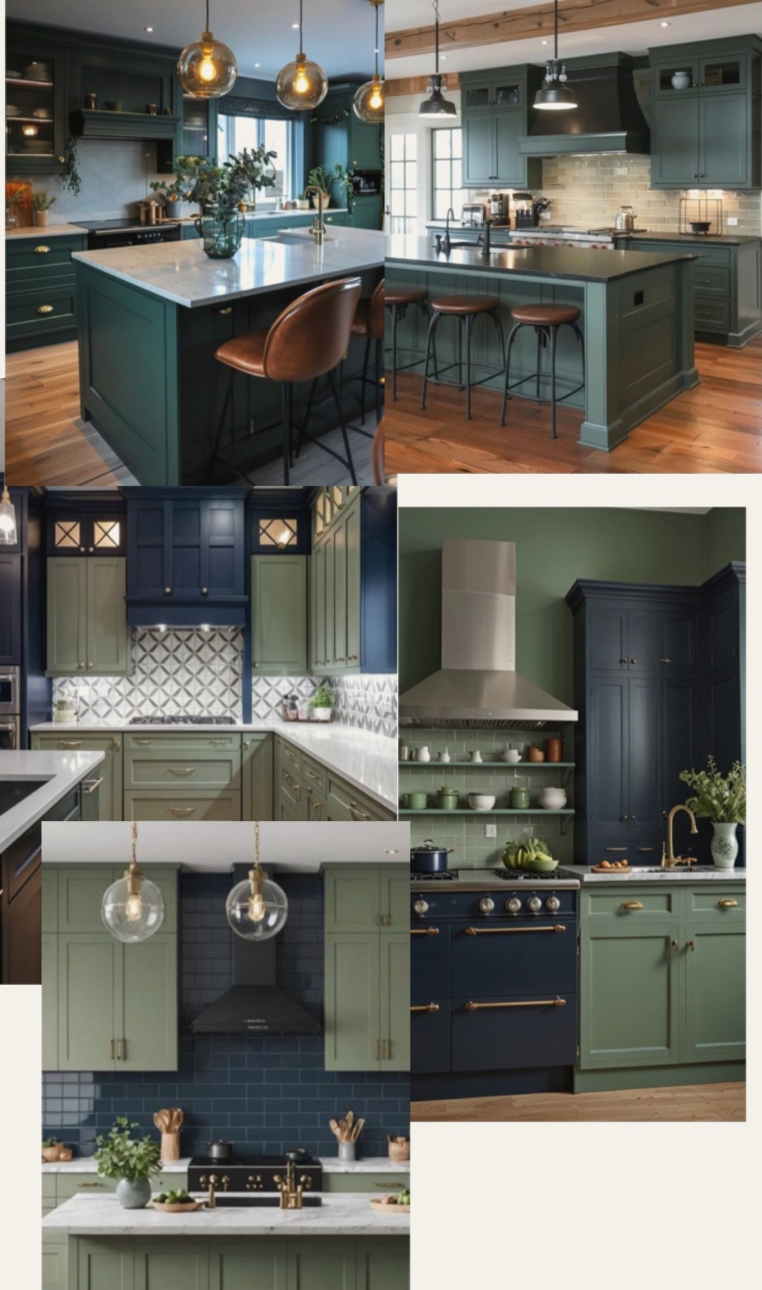 Concept board for a kitchen with green and navy cabinetry and brass lighting