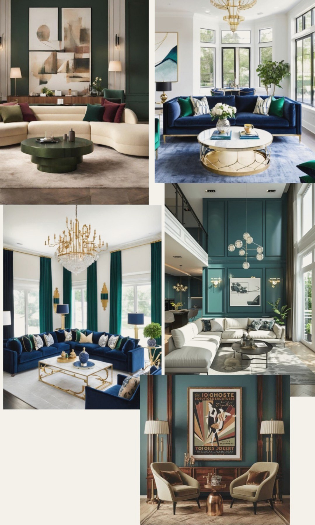 Concept board for a living room in navy and emerald, with velvet seating and gold lighting
