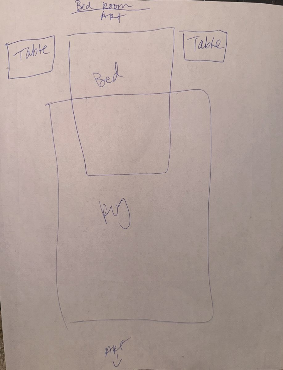 Sketch of a bedroom with a centered bed, two tables, a rug, and art