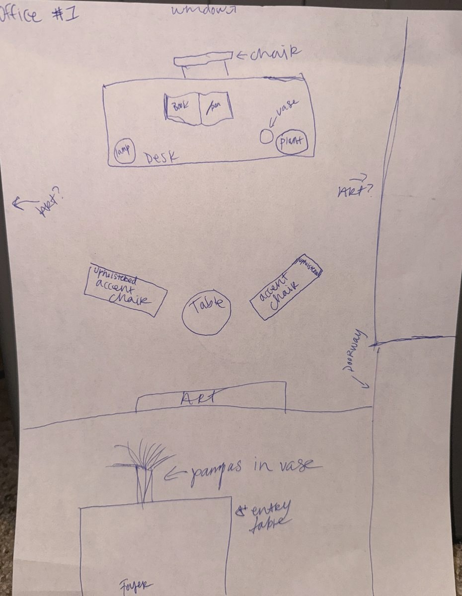 Sketch of office one with a desk, accent chairs, art, and pampas in the foyer