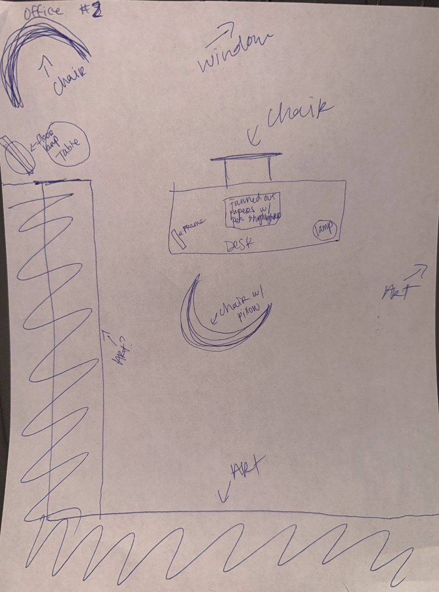 Sketch of office two with a desk, a reading chair, and a floor lamp