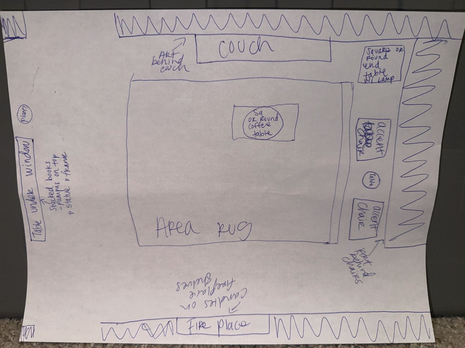 Hand-drawn living room plan with a couch, coffee table, fireplace, and accent chairs