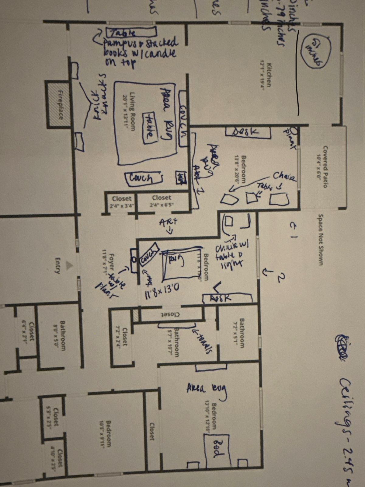 Annotated floor plan with furniture notes for the living room, bedrooms, and offices